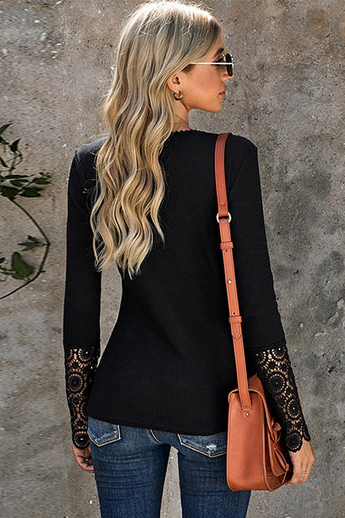 Ribbed Lace Long Sleeve Top - 4 Colors