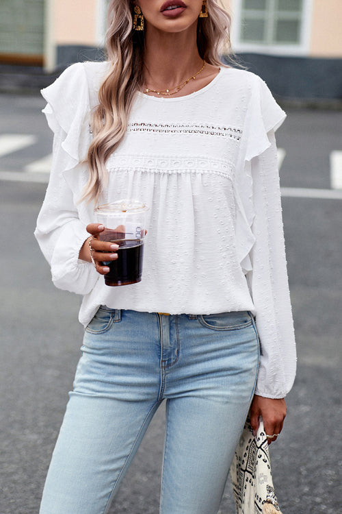 Swiss Dot Lace Ruffled Long Sleeve  Top - 5 Colors
