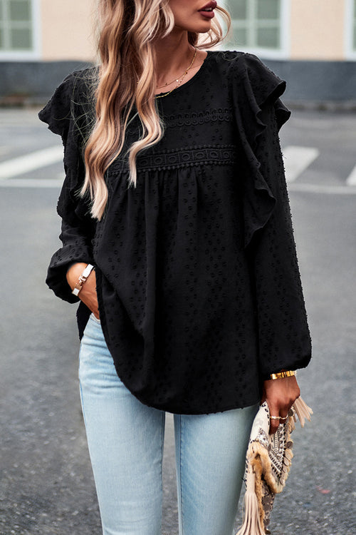 Swiss Dot Lace Ruffled Long Sleeve  Top - 5 Colors