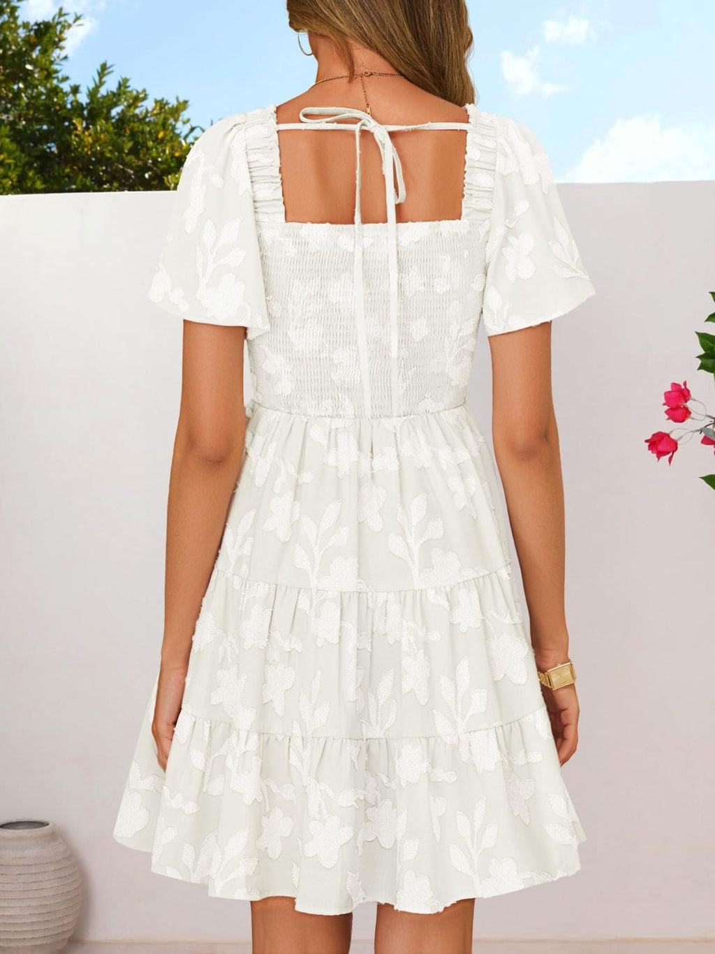 Tiered Square Neck Short Sleeve Dress