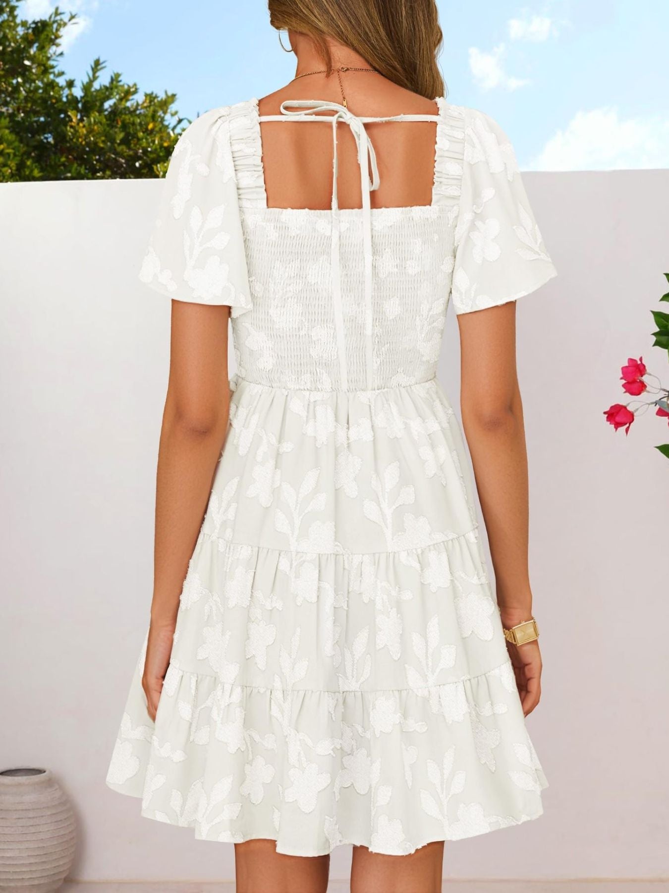 Tiered Square Neck Short Sleeve Dress