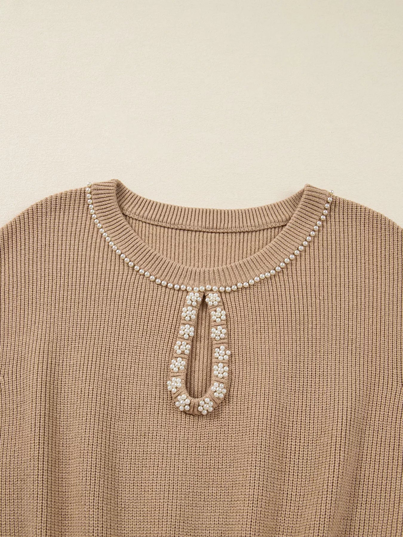 Pearl Embellished Keyhole Ribbed Sweater Dress