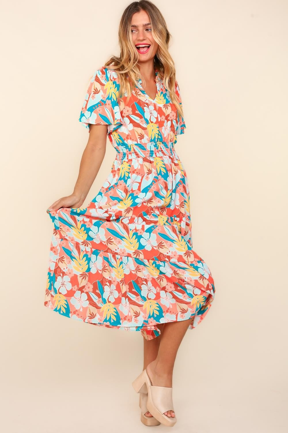 Full Size Tropical Floral Tiered Dress with Side Pockets