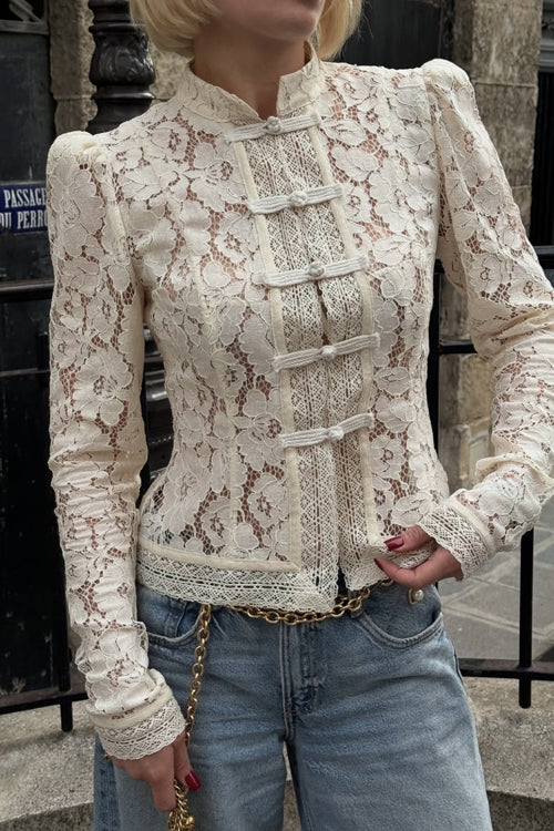 Frog Button Lace Long Sleeve Top - 3 Colors