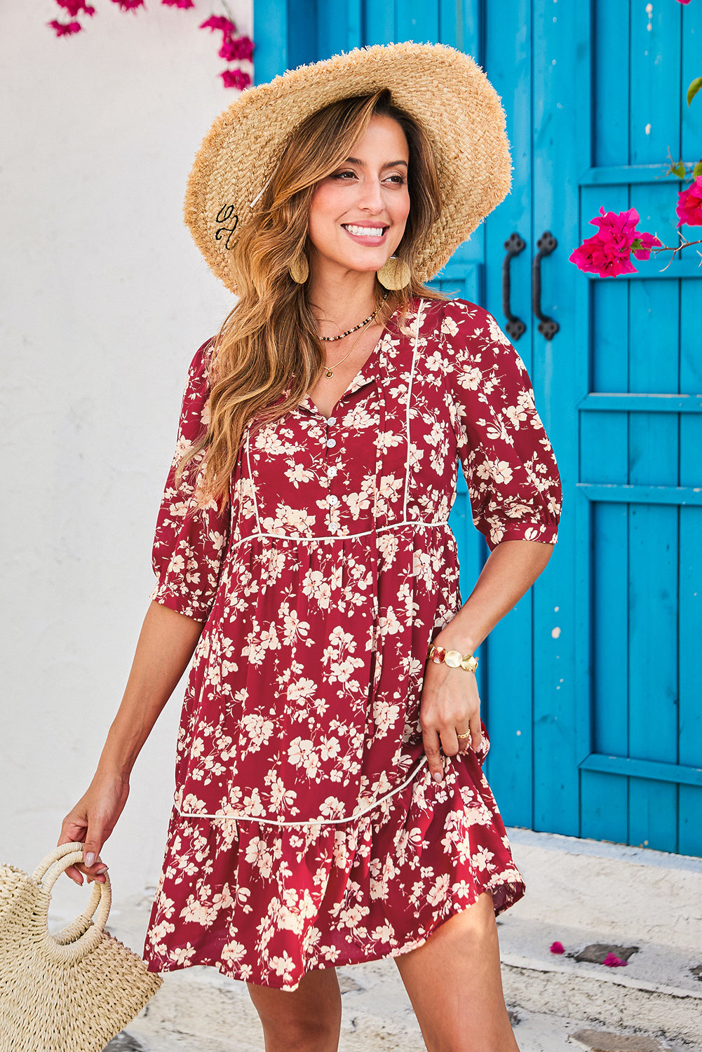 Yellow Floral Print Contrast Trim Button Tie Neck Swing Dress