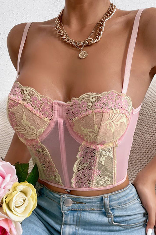 Pink Strap Lace Bustier Crop Top