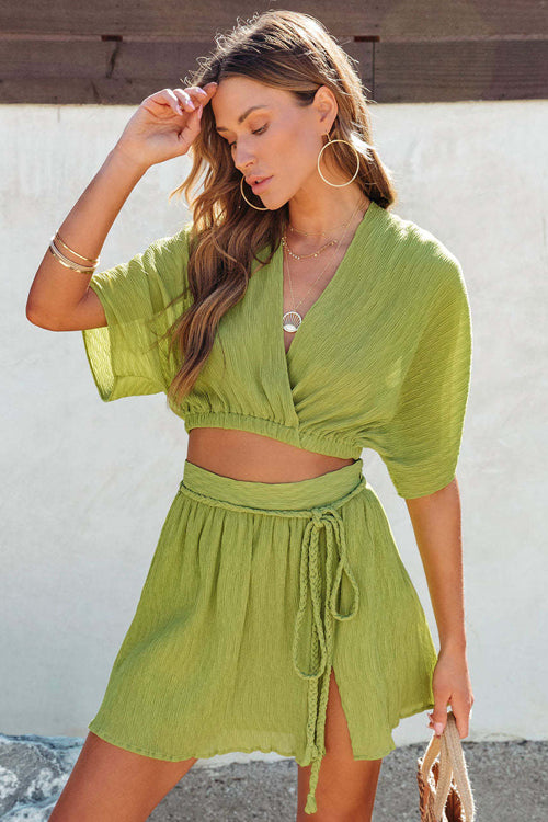 V-Neck Short Sleeve Suit - 2 Colors