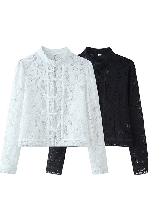 Frog Button Lace Long Sleeve Top - 3 Colors