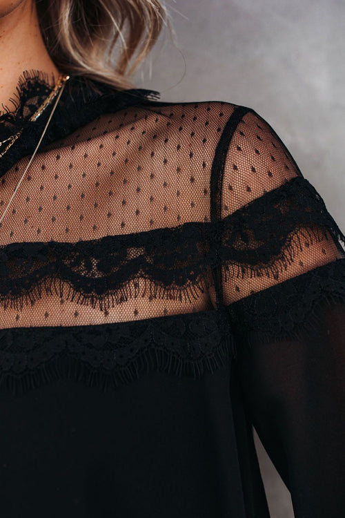 Black Lace Dotted Long Sleeve Top