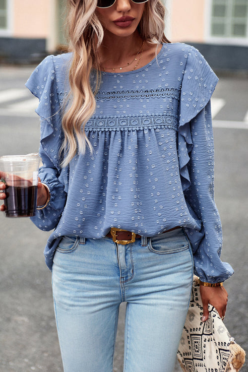 Swiss Dot Lace Ruffled Long Sleeve  Top - 5 Colors