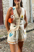 Summer Floral Embroidered Sleeveless Suit