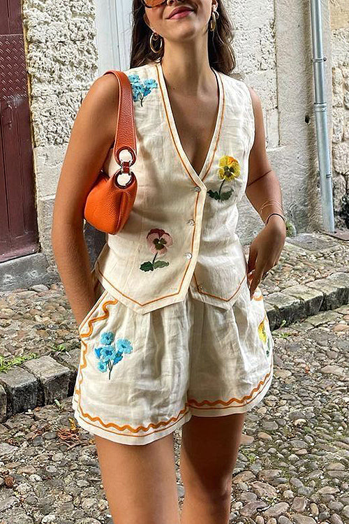 Summer Floral Embroidered Sleeveless Suit