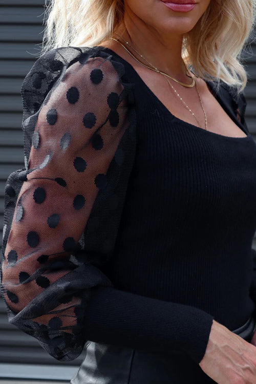 Black Dotted Up Sheer Long Sleeve Top