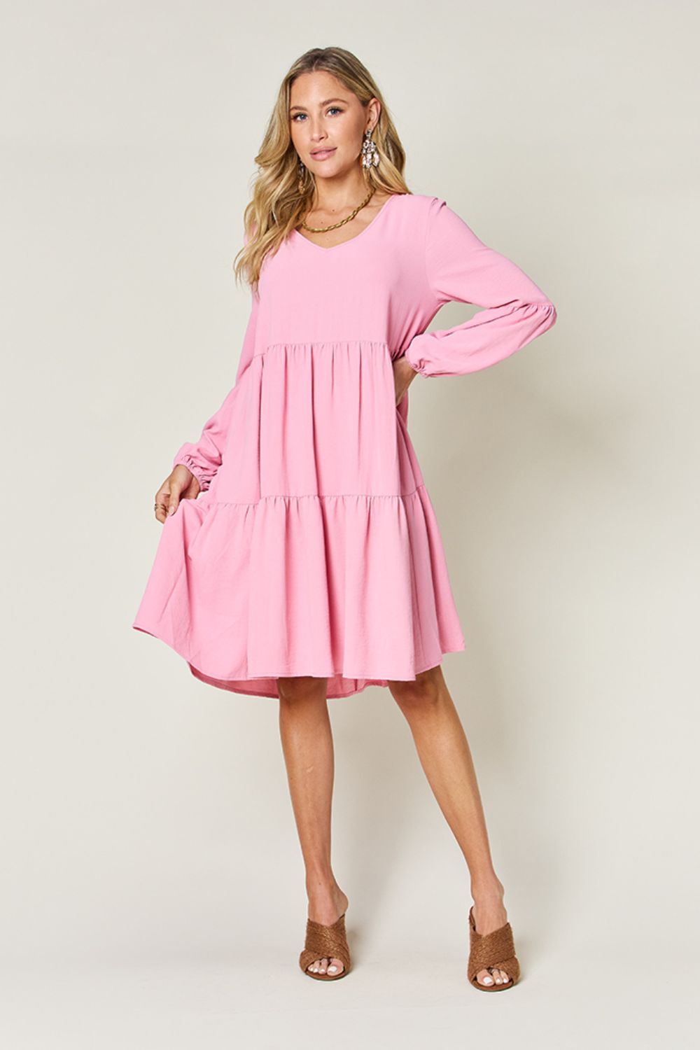 Full Size V-Neck Balloon Sleeve Tiered Dress