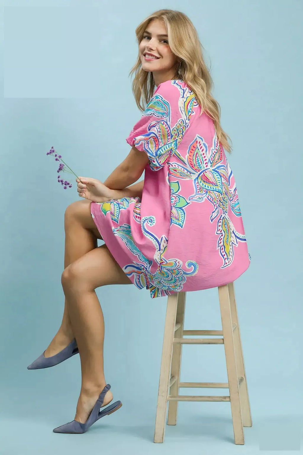 Boho Floral Print Mini Dress with Pockets
