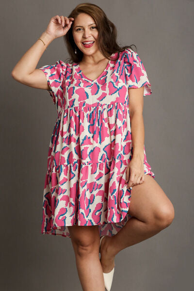 Full Size Abstract Print Pleat Detail Short Sleeve V-Neck Tiered Dress Plus Size