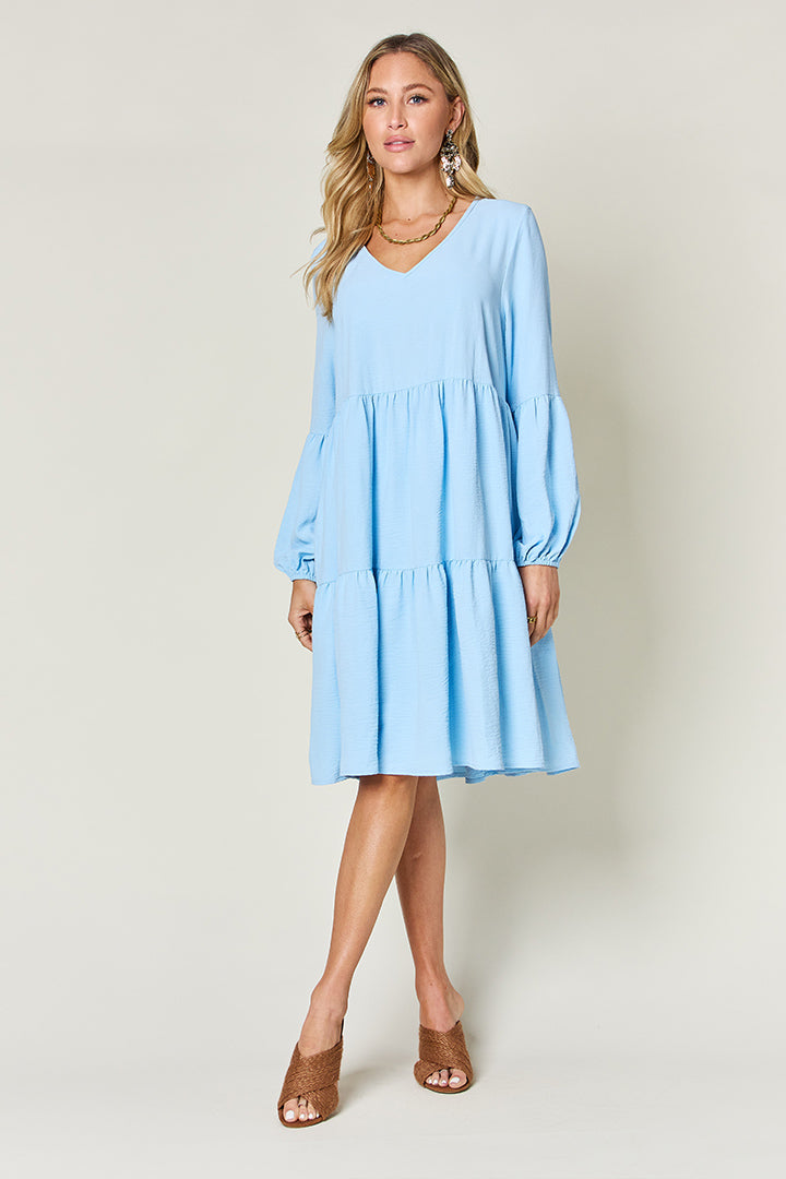 Full Size V-Neck Balloon Sleeve Tiered Dress