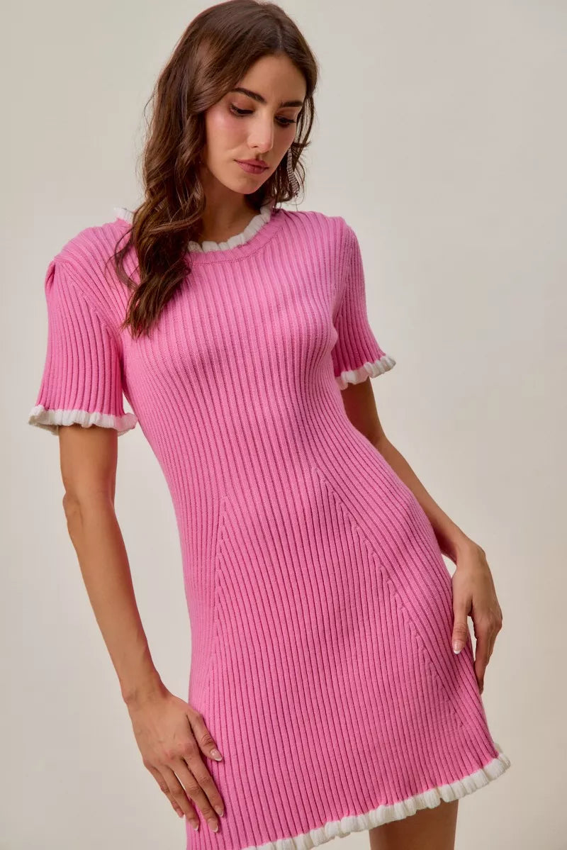 Contrast Ruffled Sweater Knit Mini Dress