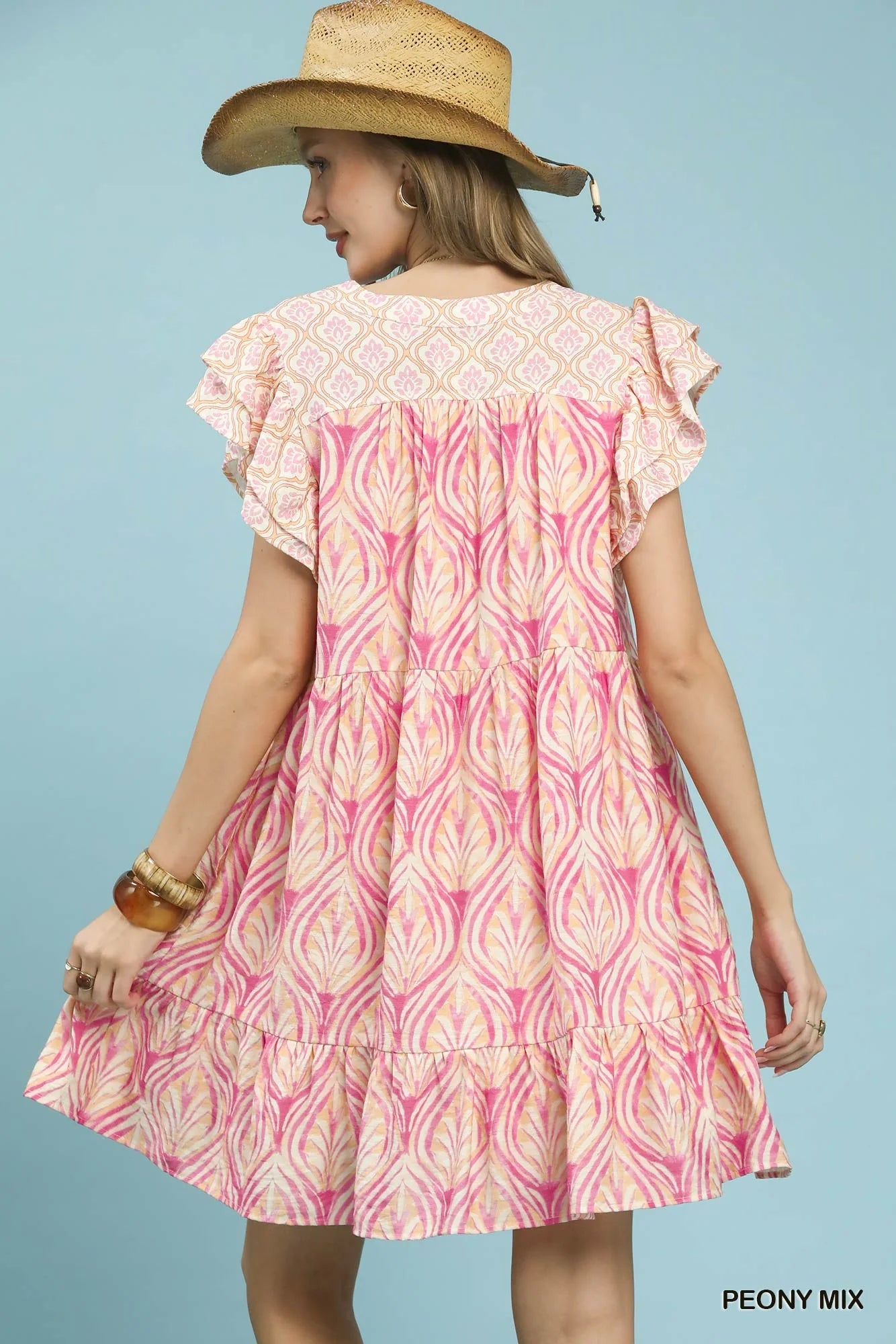 Mix Printed Flutter Sleeve Dress