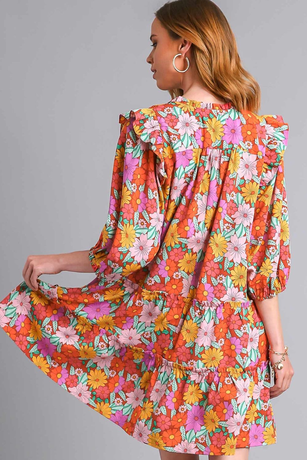 Full Size Ruffled Flower Print Tie Neck Tiered Dress Plus Size
