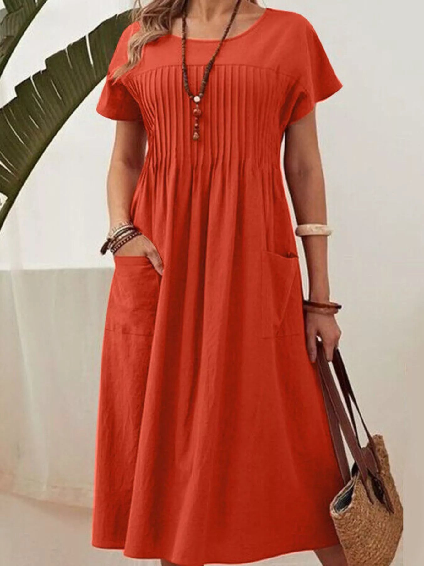 Full Size Round Neck Short Sleeve Midi Dress Plus Size