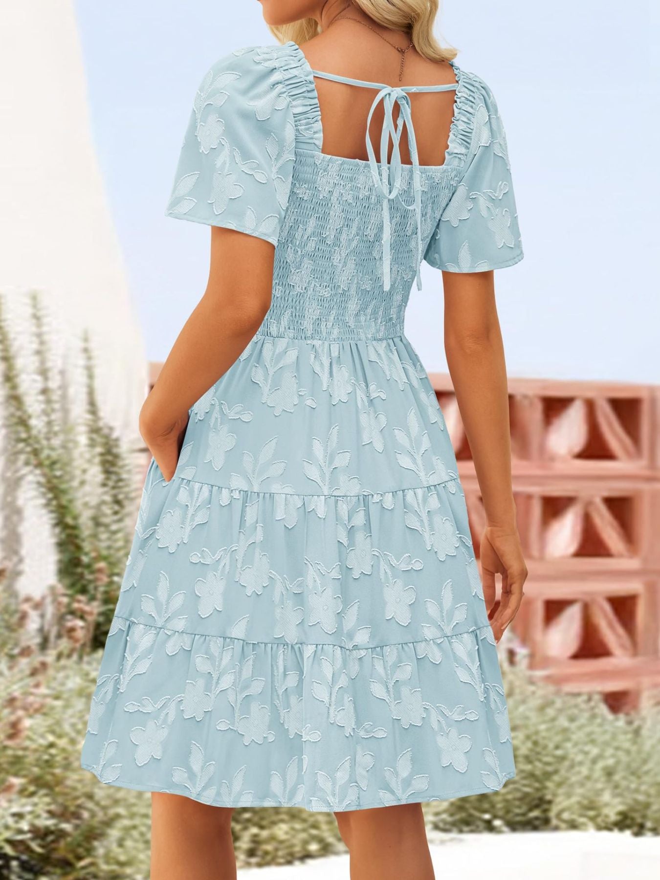 Tiered Square Neck Short Sleeve Dress