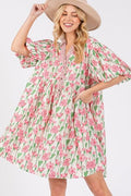 Floral Half Button Notched Puff Sleeve Dress