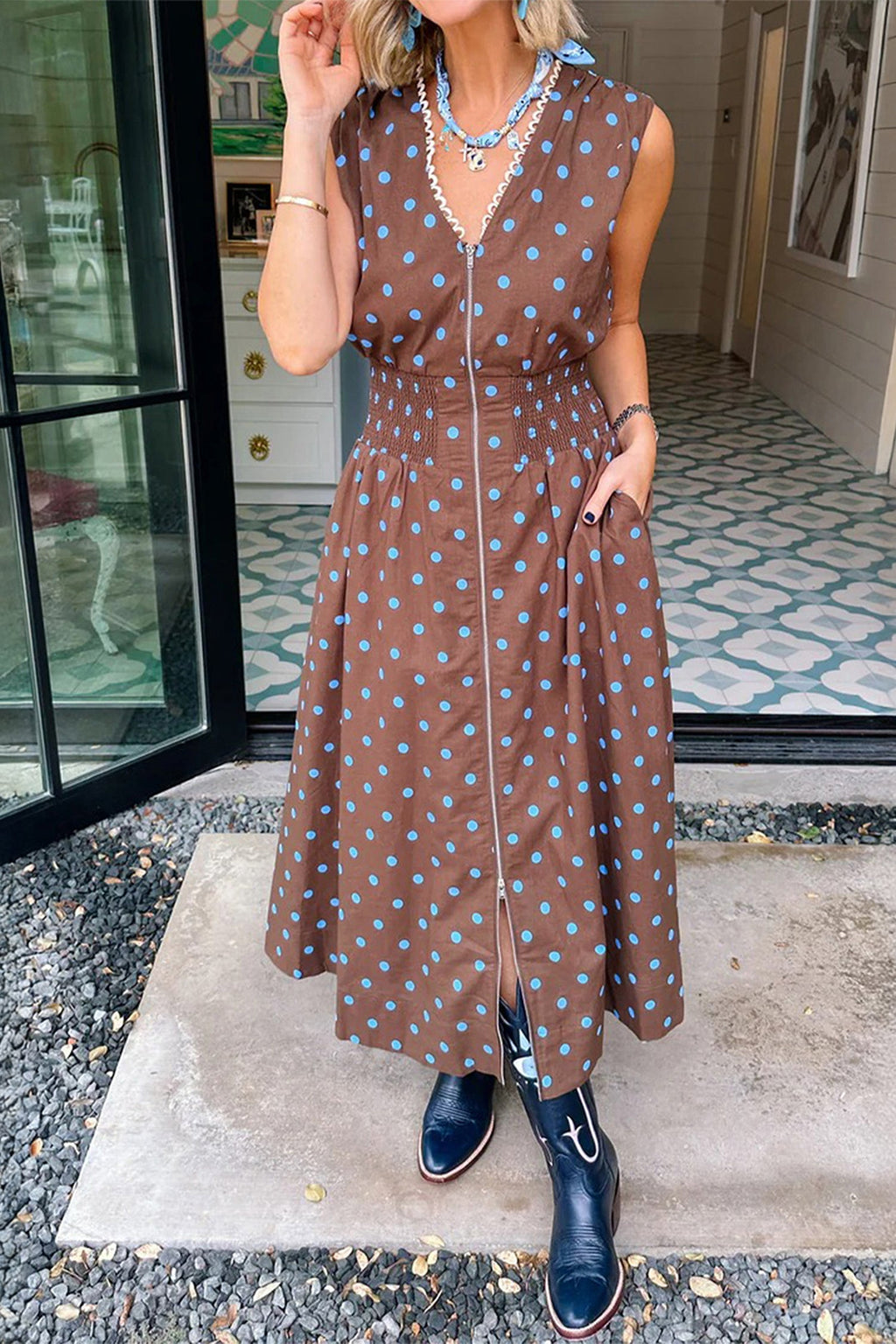Black Polka Dot Print Contrast Trim V Neck Zip Up Sleeveless Dress