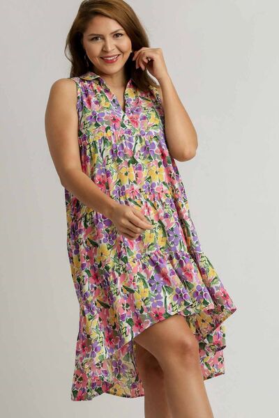 Full Size High-Low Hem Floral Sleeveless Tiered Dress Plus Size