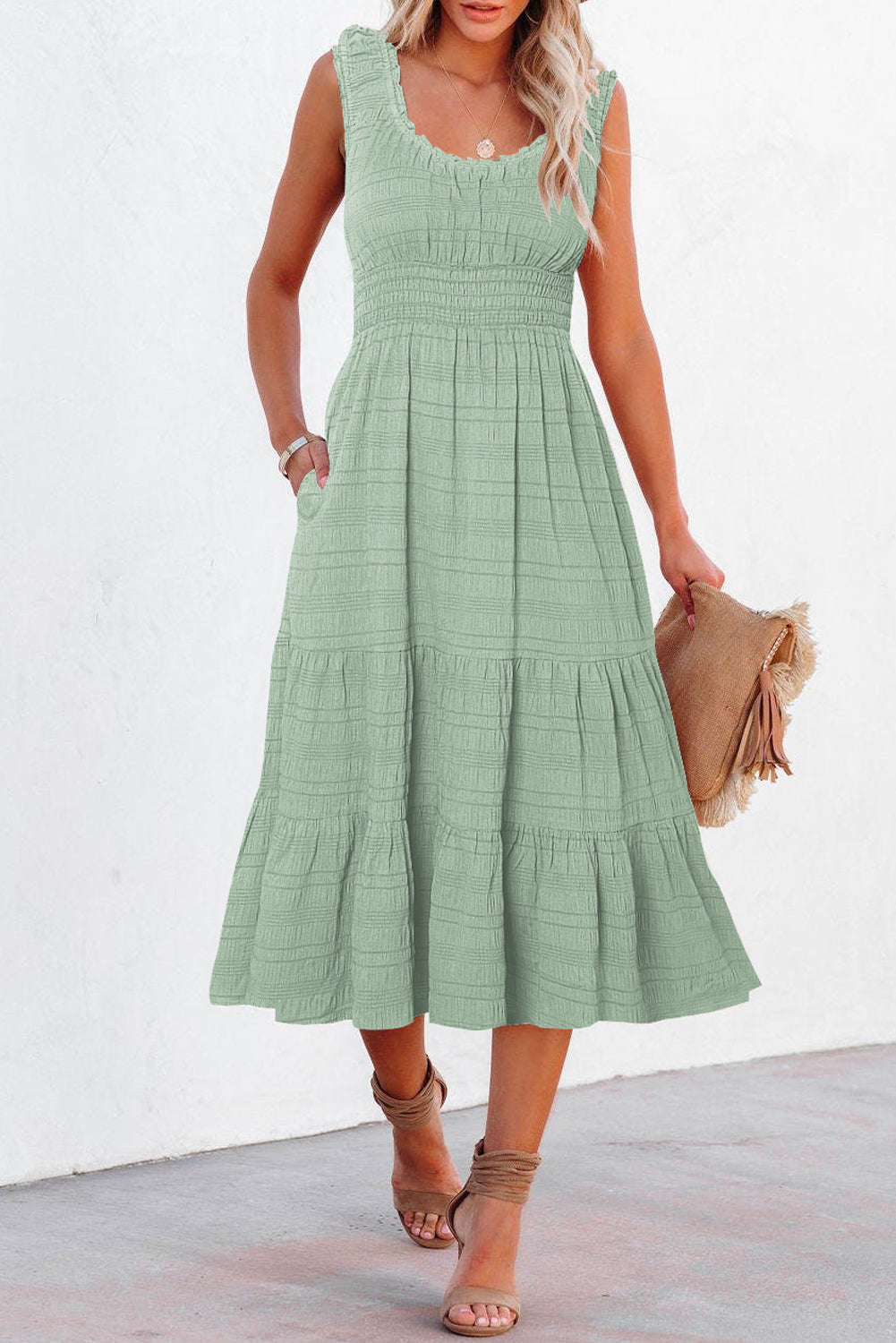 Apricot Shirred Pleated Square Neck Sleeveless Midi Dress
