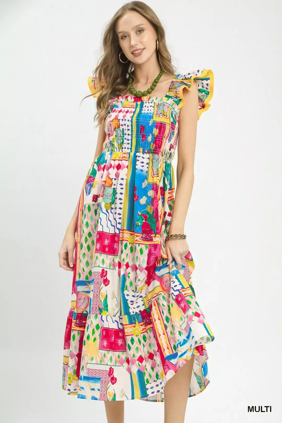 Abstract Print Smocked Ruffle Sleeve Tiered Midi Dress