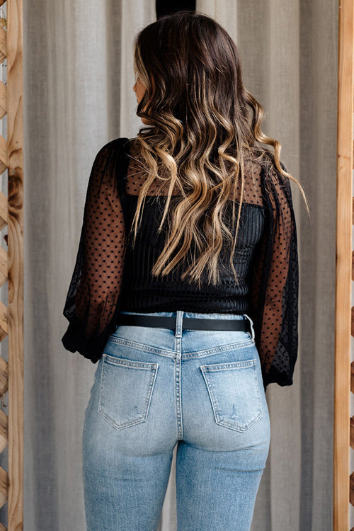 Black Swiss Dot Tulle Long Sleeve Top