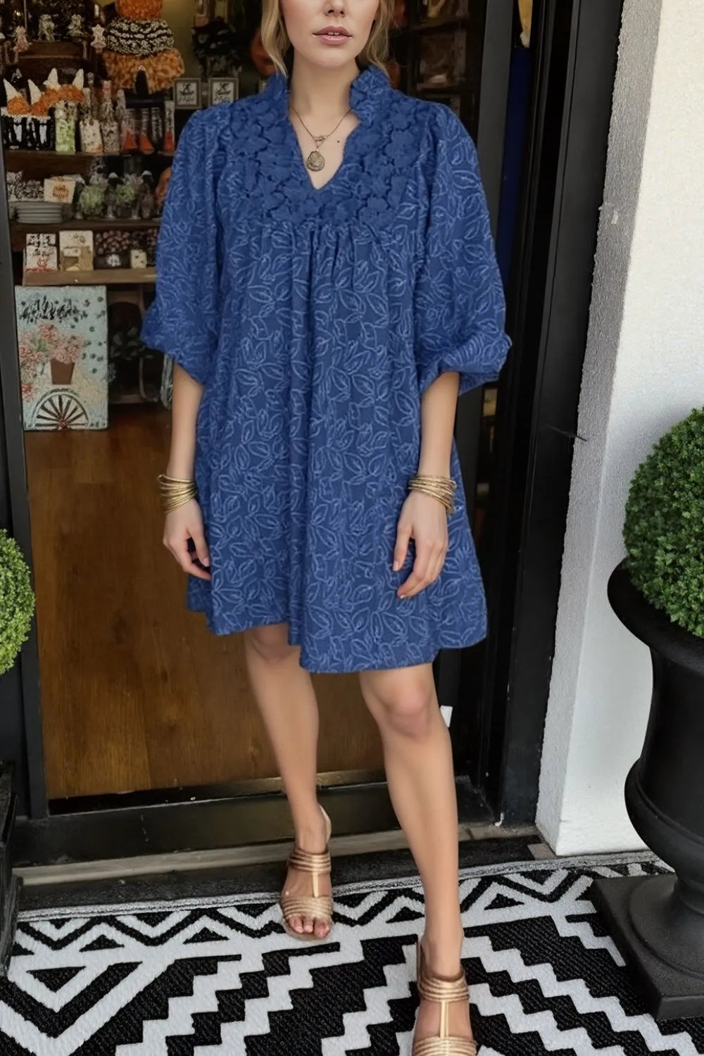 Lace Detail Notched Half Sleeve Mini Dress