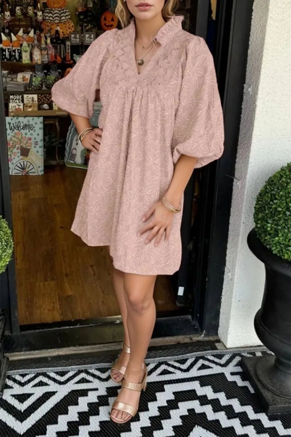 Lace Detail Notched Half Sleeve Mini Dress