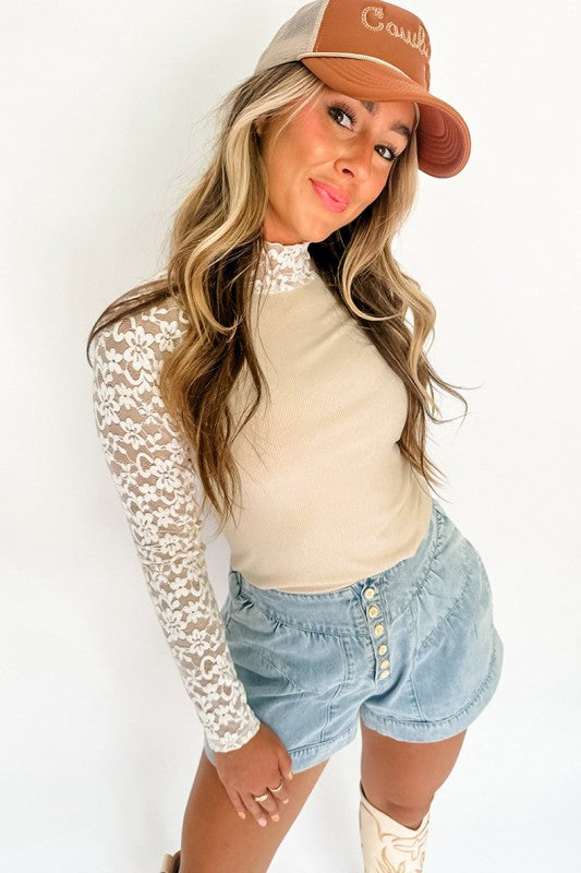 Floral Lace Patchwork Long Sleeve High Neck Top