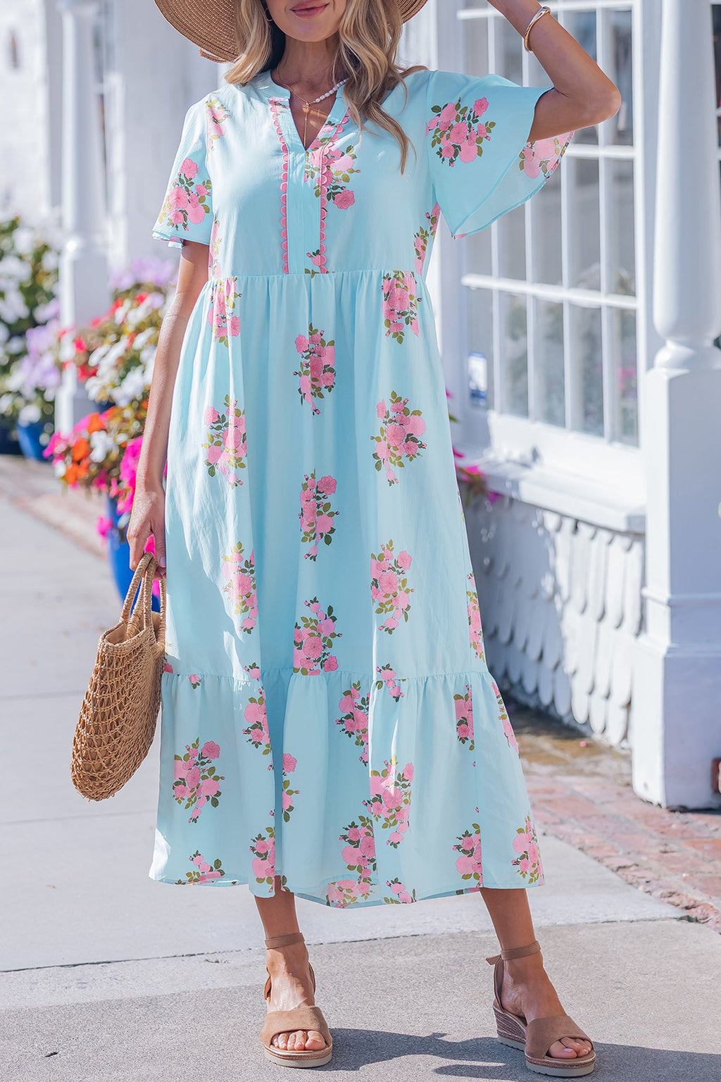 Pink Notched Neck Flutter Short Sleeve Floral Print Maxi Dress