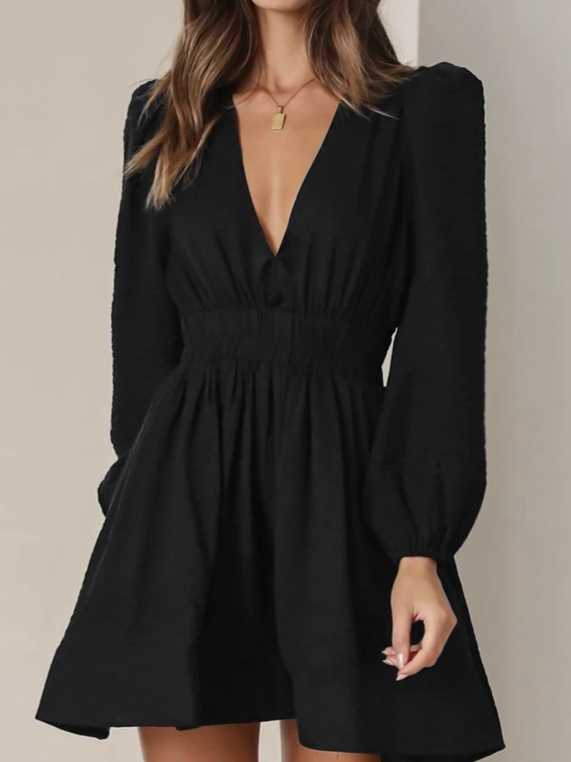 Ruched V-Neck Balloon Sleeve Mini Dress