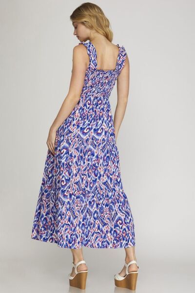 Full Size Smocked Printed Wide Strap Tiered Dress Plus Size