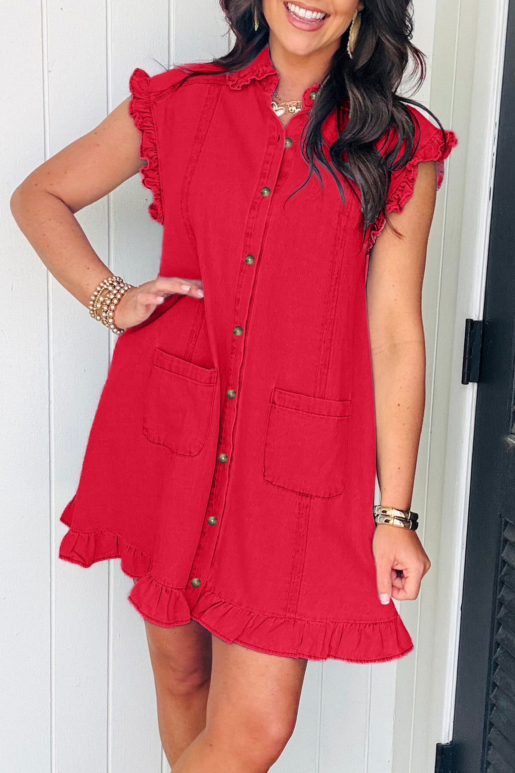 Sail Blue Ruffled Edge Collared Shift Denim Dress with Pockets