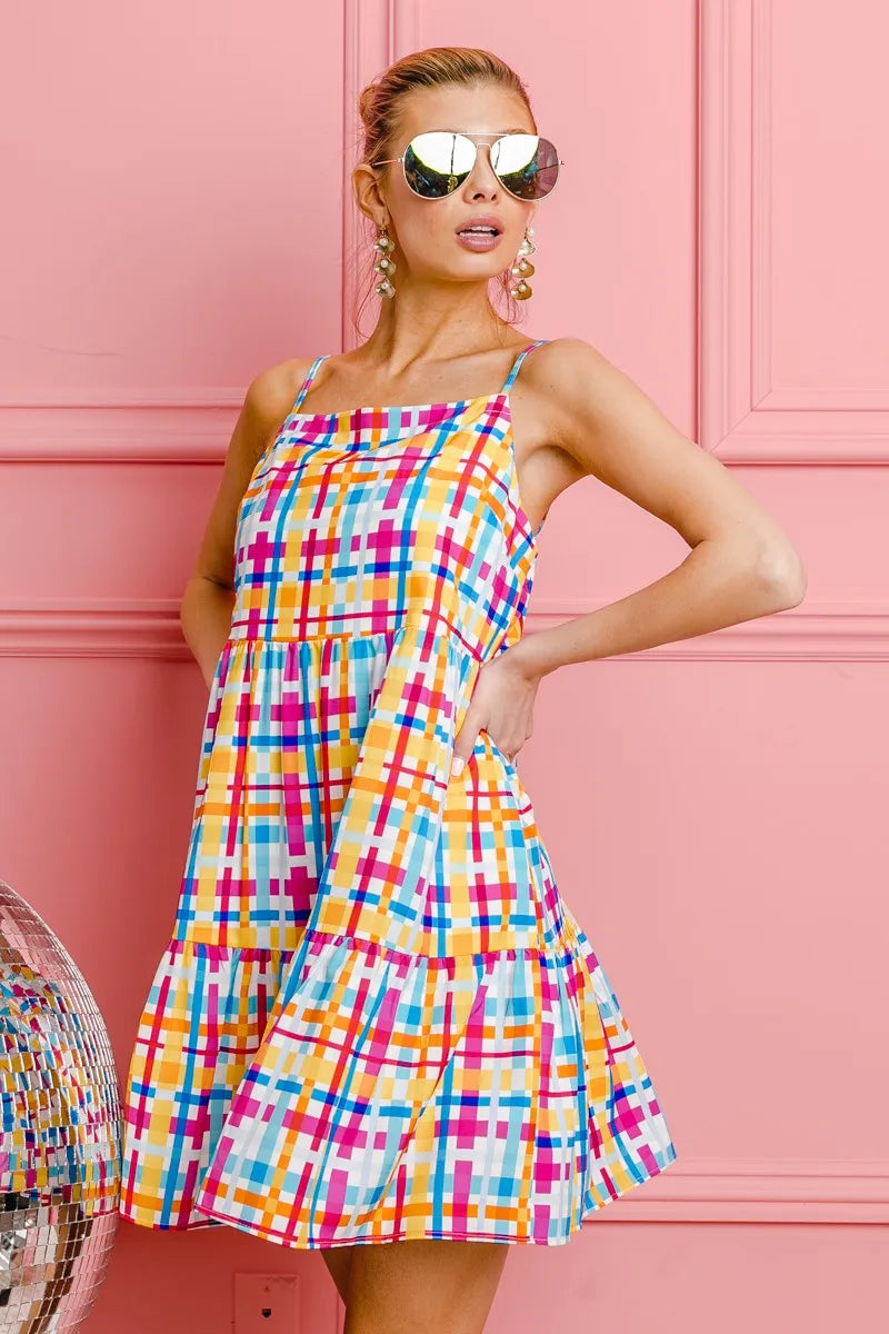 Multi Colors Plaid Sleeveless Sun Dress