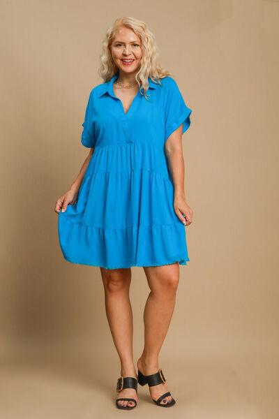 Full Size Raw Hem Folded Sleeve Tiered Dress Plus Size