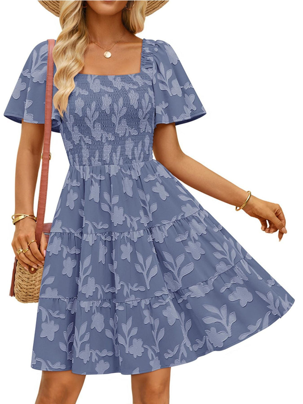 Tiered Square Neck Short Sleeve Dress