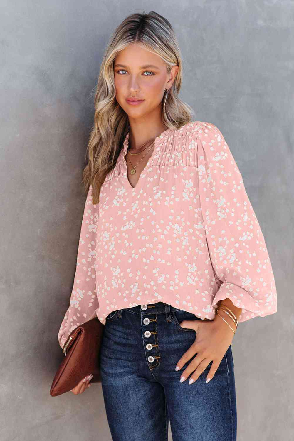 Printed Notched Neck Smocked Blouse