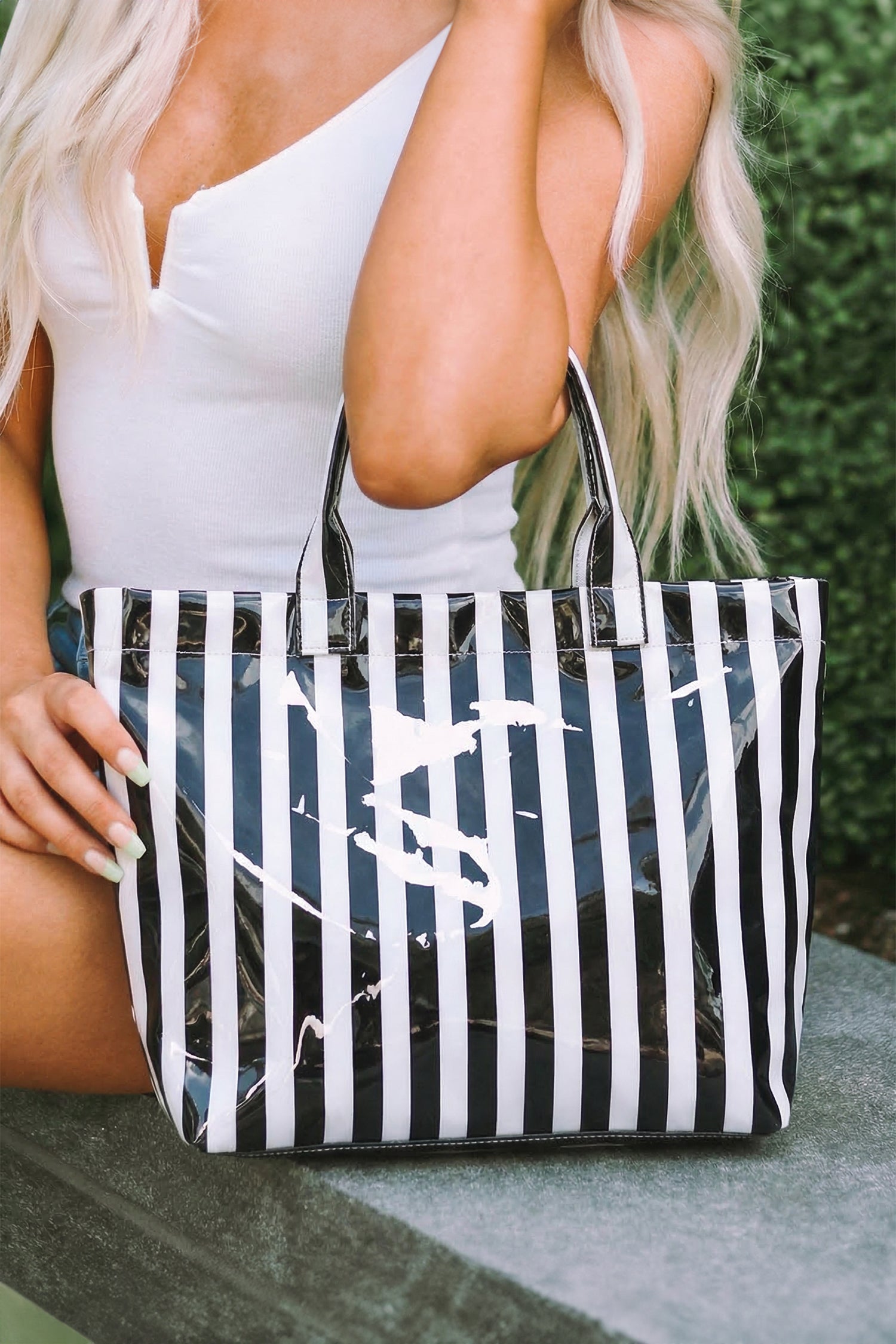 Rainbow Glossy Striped Vinyl Large Tote Bag