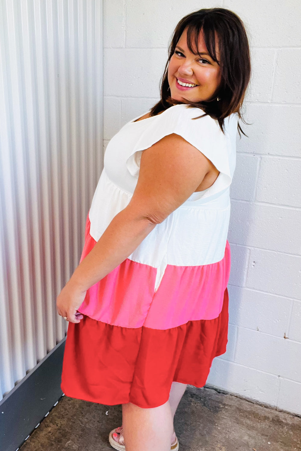 Red Tiered Frill Sleeve Midi Dress