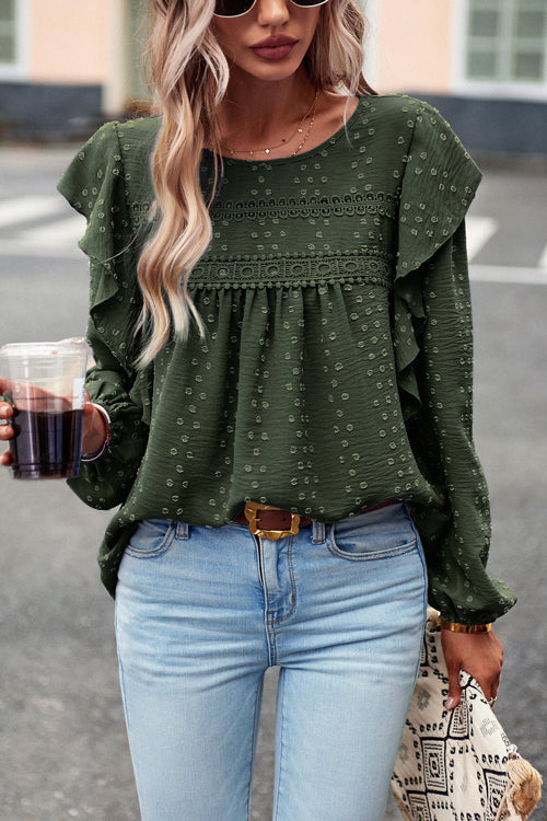 Swiss Dot Lace Ruffled Long Sleeve  Top - 5 Colors