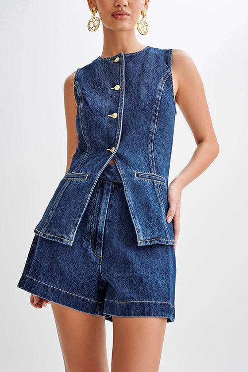 Denim Sleeveless Two-Piece Suit
