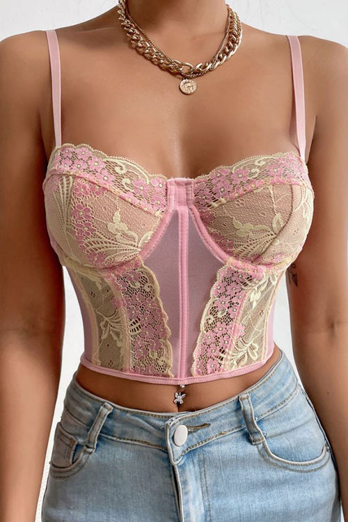 Pink Strap Lace Bustier Crop Top