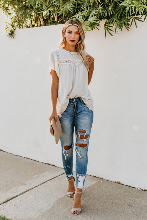 Lace Swiss Dot Short Sleeve Top