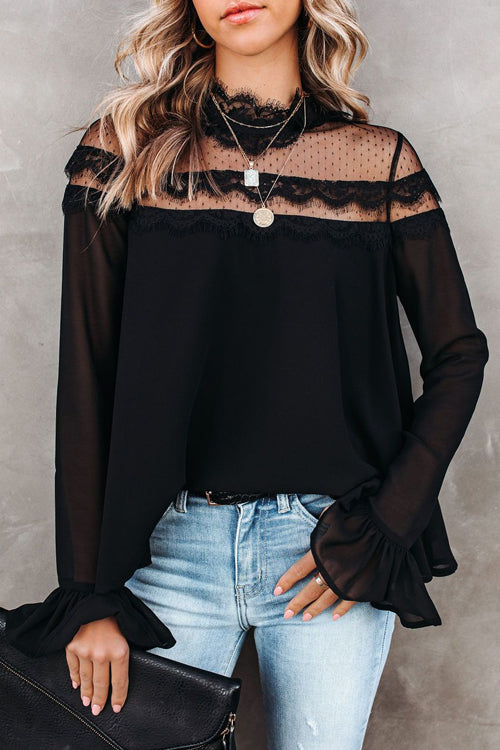 Black Lace Dotted Long Sleeve Top